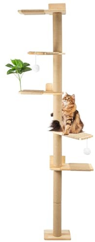 Youyijia Katzenkratzbaum 206cm aus Naturkautschukholz, 5 Etagen Wandmontierter Katzenbaum mit Verbreiterter Basis, Plüschbällen, 360° Drehbar, XXL Kletterbaum für Katzen zum Klettern, Kratzen