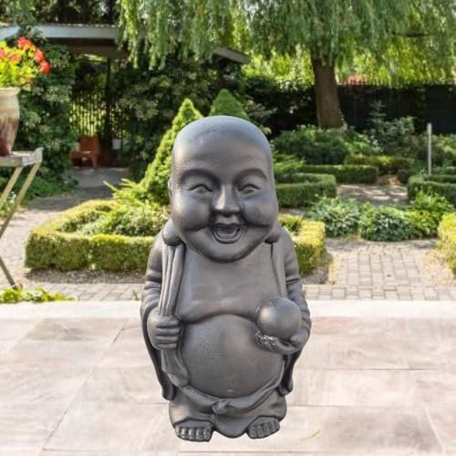 LEBENSwohnART Dekorative Figur Lucky Buddha 70cm antik-schwarz Gartenfigur Outdoor Indoor Handarbeit