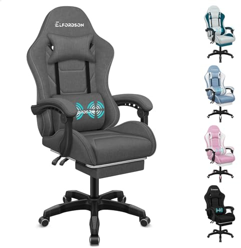 ELFORDSON Gaming Chair with 2-Point Massage Lumbar Support, High Back Reclining Computer Game Chair with Headrest & Footrest, 360° Swivel Office Racing Chair, Fabric, Dark Grey, for Playroom Esports