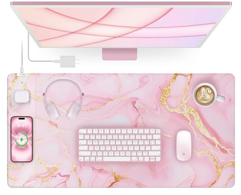 Wireless Charging Mouse Pad, 31.5x15.8 Large Gaming Desk Mat for Keyboard/Laptop, Waterproof Ultra-Smooth Surface, Non-Slip Base, with 20W PD Adapter, Pink Marble