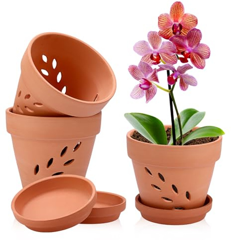 OLegei Pots de Fleurs en Terre Cuite avec Trous et soucoupes, 15x13cm, 3pcs | petits pots pour plante à l’extérieur et à l’intérieur, motif de feuille