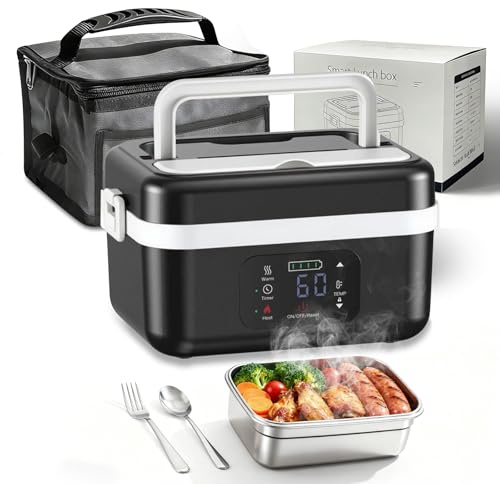 Lonchera eléctrica inalámbrica con temporizador y calefacción ajustable | calentador de alimentos portátil de acero inoxidable, fiambreras con calefacción con bolsa aislada para camión, coche