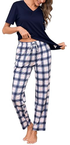 Aseniza Women's Pyjamas Sets Short Sleeve Two Piece Pjs with Pockets | Soft Loose Relaxed Fit Checked Loungewear Sleepwear Nightwear for Ladies