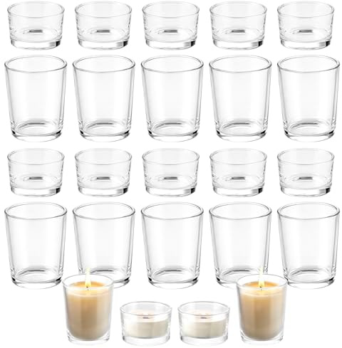 JMIATRY 24 Piezas Portavelas Cristal Transparente 2 Tamaños Vasos para Velas 5,2x3,4 cm y 5,6x6,7 cm Portavelas de Vidrio para Hacer Velas, Decoracion, Eventos