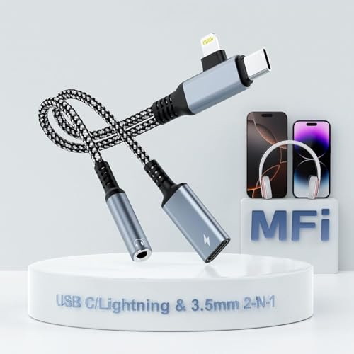 MTAKYI 2 in-2 Lightning USBC auf 3.5mm Kopfhörer- und Ladeadapter, [MFi Certified] USB C auf Aux Audio Jack mit PD 60W Schnelllade-Dongle, Kopfhöreradapter für iPhone 16/15 14/13, Galaxy, Pixel