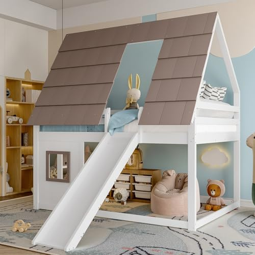 140 x 200 Holzhaus-Etagenbett mit Dach, Leiter und Rutsche, Weiß+Braun