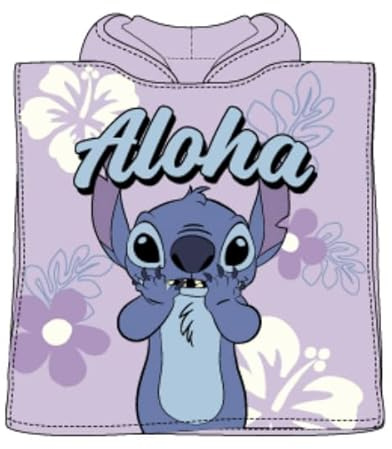 Sun City Disney Lilo & Stitch Mädchen Kinder Badeponcho mit Kapuze, Keep Palm Motiv, Strandtuch Schnelltrocknend Badetuch 3-6 Jahren 55x110cm (lila)