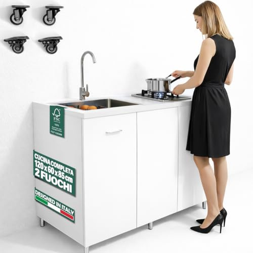 Shally Dogan Cucina Completa Monoblocco 120 x 60 x 85 cm, Piano Cottura a 2 Fuochi e Lavello con 3 Innesti in Acciaio Zincato 50 x 40 cm, Rubinetteria Completa con Fontana e Accessori Inclusa (Bianco)