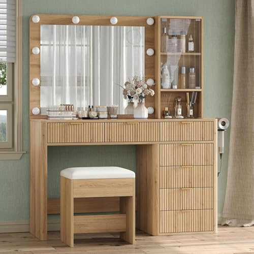FUSOU Fluted Dressing Table Set with Mirror & LED Lights, 7-Drawer Makeup Vanity with Glass Top & Cabinet, Vanity Table with Charging Station & Stool, 3 Colour Modes, for Bedroom, Natural Oak
