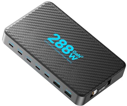 Lazmin112 Chargeur de Bureau 8 Ports 288 W, Station de Charge Rapide GaN III avec Câbles Rétractables, pour Ordinateur Portable, Tablette, Téléphone, Bureau, Voyage (Prise UE)