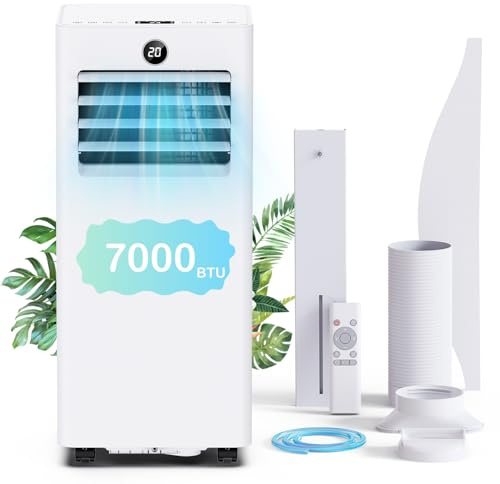 Mobiles Klimagerät 7000 BTU, Klimaanlage Mobil mit Abluftschlauch, Kühl-/Ventilations-/ Entfeuchtungs-/Schlafmodus Alle-in-1, Digitalanzeige & Fernbedienung, 360° Rollen, 24H Timer, inkl. Fenster-Kit