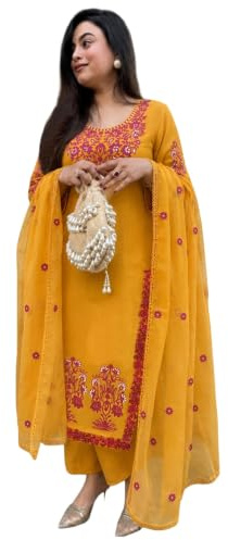 GoSriKi Kurta set för kvinnor viskos broderad | kurta byxor dupatta-set | Straight kurti set för kvinnor | rund hals 3/4 ärm etnisk kostym | Designer indianer kurti outfit med byxor, senap, L