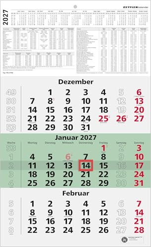 3-Monatskalender grün Blauer Engel 2027: Wandkalender 30x49 cm mit 3 Monaten pro Blatt, Datumschieber, Blauer Engel zertifiziert, Wochenzählung, Feiertagen & Ferien für Büro & Homeoffice