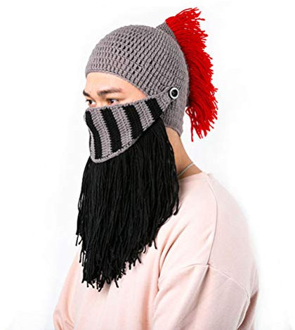 Maibar Gestrickt Hüte Männer Winter Warm Frau Lustig Kreativ römisch Ritter Hut Handarbeit Gestrickt Groß Bart Perücke Helm Klobig Mützen Cos Spielen Party Dekoration Gesichtsmaske (Schwarz)