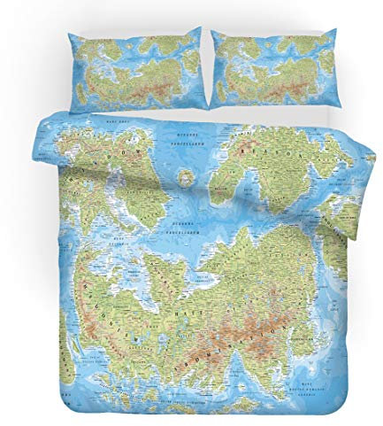 Weltkarte Bettwäsche Set 3-teilig,Antike Karte World Map Retro-Stil Blaues Meer und Gelbes Land Bettbezug mit Reißverschluss, Weiche Mikrofaser mit 2 Kissenbezügen (Blau, Single 135 x 200 cm)