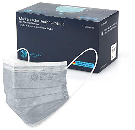 STAUBPIRAT CURT MARIA MEDICAL 50 Stück OP Maske, chirurgisch medizinische Gesichtsmasken, 100% made in Germany, Mundschutz 3-lagig, Grau