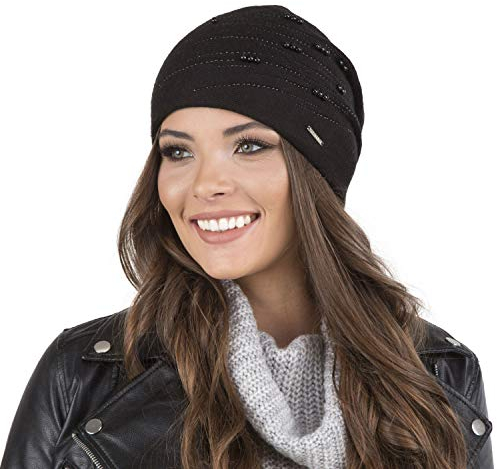 VIVISENCE Damen Wintermütze Mit Klassischem Schnitt Warme Gemütlich Mütze Für Frauen Garn Und Wolle Verziert Perfekter Passform Ideal Für Kalte Wintertage Modell 7012, Schwarz,Einheitsgröße