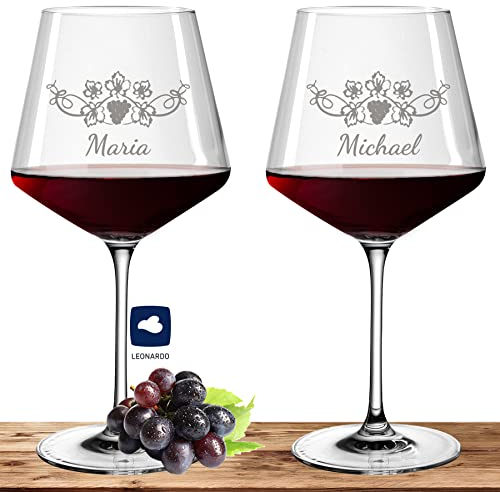 2X Leonardo Burgunderglas Rotweinglas XL mit Namen oder Wunschtext graviert, 730ml, PUCCINI, personalisiertes Premium Weinglas in Gastroqualität (Weinrebe)