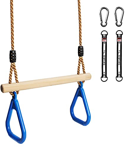 Katomi Columpio Infantil multifunción Trapezoidal de Madera con Anillas de plástico para Colgar hasta una Carga de 120 kg Azul (Trapecio)