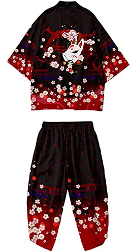 DOSLAVIDA Kimono japonais pour hommes Ensemble élégant ouvert sur le devant manteau avec short style chinois imprimé cardigan costumes, Pantalon-noir 3, 3X-Large