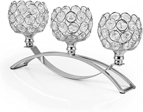 VINCIGANT Silber Kristall Kerzenhalter Dekorative Kerzenhalter, Metall 3-Arm Kerzenhalter Mittelstücke für Hochzeit Party Baby Dusche Esszimmer Couchtisch Dekor