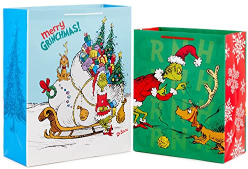 Hallmark Grinch Weihnachts-Geschenktüten für Kinder (2 Tüten: 1 große 33 cm, 1 extra große 38,1 cm) Grinch mit Max und Schlitten, Dr. Seuss' How the Grinch Stole Christmas!