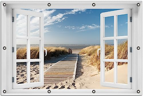 Wallario Outdoor-Poster für Garten oder Balkon Auf dem Holzweg zum Strand, Motivbanner Größe: ca. 80 x 120 cm Fenster-Illusion