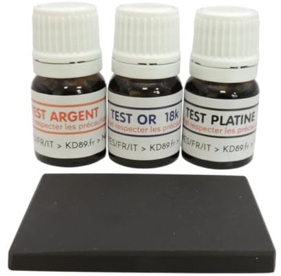 Kit prêt à l'emploi pour tester les métaux, déterminer si votre bijoux est en Or 18k, Argent 925/1000 ou Platine. Pierre de touche incluse !