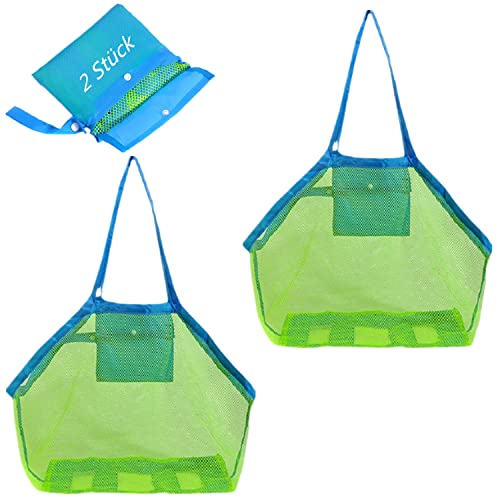 2 bolsas de playa para juguetes de playa, tamaño XXL, grande para juguetes de arena, juguetes de agua, para niños, bolsa de playa, plegable para vacaciones familiares (malla verde/correa azul)