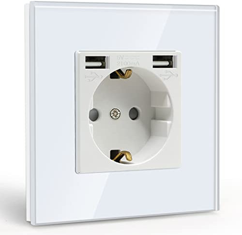 BSEED USB Steckdose Weiß Schuko Steckdose mit USB Anschluss (Max. 2.1A) Unterputz Steckdose Glas Schutzkontakt-Steckdose Ladegerät für Handys, Laptops etc