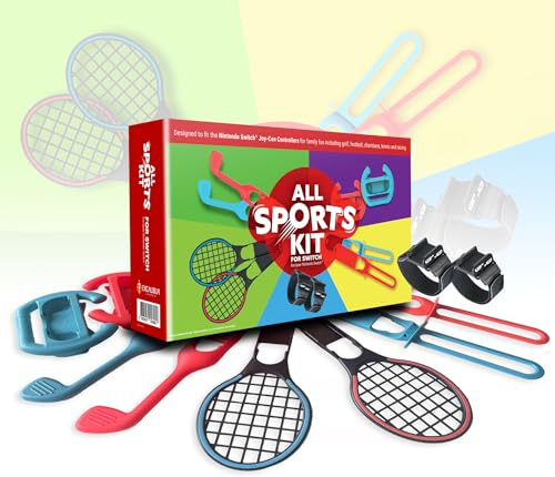 All Sports Kit For Nintendo Switch - 10in1 Kit with Tennis Rackets, Golf Clubs, Chambara Swords, Racing Wheels & Leg/Arm Straps