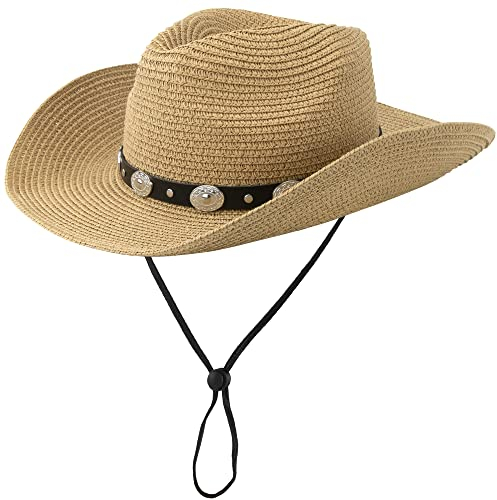 Straw Cowboy Hat for Women Men Western Sun Hat Wide Brim Summer Belt Cowgirl Hats(M-L), Khaki-y, One Size
