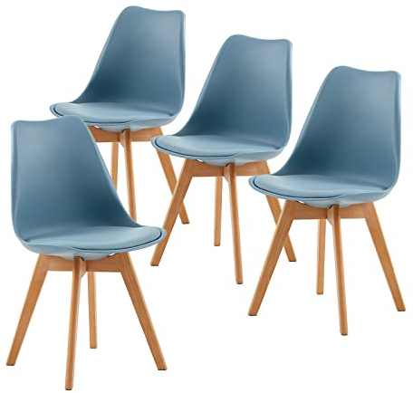 EGGREE Pack 4 Sillas de Comedor Sillas Cocina Nordica con Asiento Tapizado de Cuero PU y Patas de Haya, Morandi Azul Claro