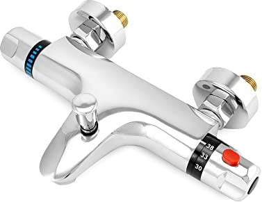 QWORK grifo ducha termostatico, salida de válvula G1/2 , izquierda caliente derecha fría, mezclador de ducha de latón, control de temperatura constante para baño