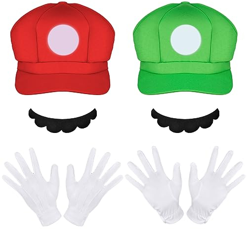 Aomig Kostüm Zubehör Mütze, Faschingkostüme Hüte mit Schnurrbärte Handschuhe, Super-Brüder Kostüm Hut Cap für Karneval Halloween Rollenspiel für Erwachsener Herren Damen(Rot und Grün)