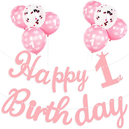 Yiran Wimpelkette mit Aufschrift Happy 1st Birthday für Mädchen, rosa Happy First Birthday, Wimpelkette mit 6 Latex-bedruckten Luftballons zum 1. Geburtstag und 2 Konfetti-Ballons,