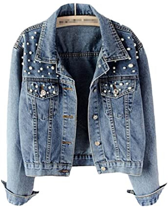 Beading Damen Denim Jacke Streetwear Nieten Langarm Top Perlen Lose Jeans Mantel Kleidung