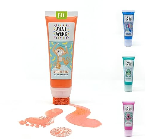 Miniwerk Bio Malfarbe Orange mit Schwammaufsatz aus natürlichen Rohstoffen, schadstofffrei wie Fingerfarbe - Fußabdruck Baby, Stempel Kinder - Erinnerung und Dekoration für Baby- & Kleinkinderzimmer