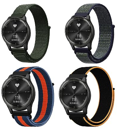 KoGiio 4 Stück 20mm Nylon Armband für Garmin Vivoactive 6/5/Garmin Forerunner 165/Garmin Forerunner 165 Music/Vivomove Trend/Venu Sq 2 Music/Sq 2 - Grün & Grau & Orange Blau & Schwarzorange