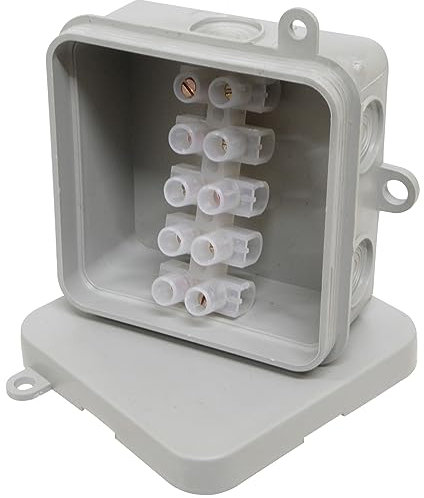 IP44 Junction Box with Push on Lid and 15A 5 Way Strip Connector for Electrical Wiring and Lighting - Indoor or Outdoor - 65mm