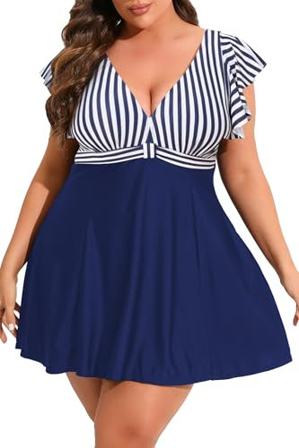 Smismivo Plus Size Swimwear for Women Sleeve One Piece Swim Dress Tummy Control Swimsuit Ruffle Swim Skirt Curvy Swimdress Full Coverage Swimming Costume (Navy Stripe)