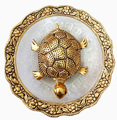 S,S Store Metal Handicrafts Metall Feng Shui Schildkröte auf Teller Schaustück für Glück (Gold, Durchmesser: 14 cm)