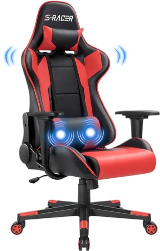 JUMMICO Massage Gaming Stuhl, Bürostuhl Ergonomisch mit Lendenwirbelstütze, Computerstühle Racing Bürostühle Gaming Sessel, Höhenverstellbar Liegestuhl Schreibtischstuhl 150kg Belastbarkeit, Rot