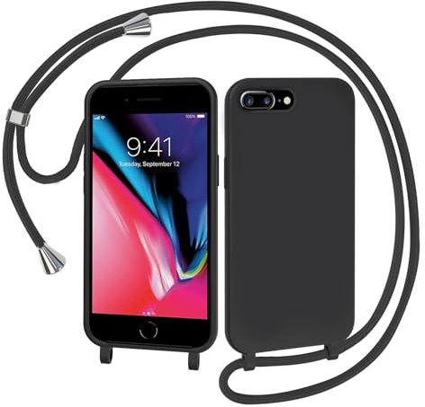AOMYKE Coque pour iPhone 6 Plus/iPhone 7 Plus/iPhone 8 Plus avec Cordon, Collier Étui Silicone Liquide avec Tour de Cou Lanière en Corde Souple TPU Antichoc Housse - Noir