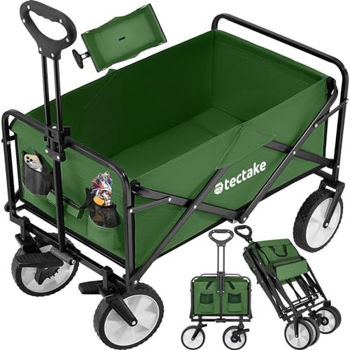 tectake® Carrello Pieghevole Leon, con Freni, Maniglia Telescopica, Carrello con Ruote Portatutto, Carrello, Carrello da Giardino, Carrello Portaoggetti - Verde/Nero