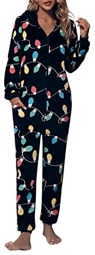MJGkhiy Pigiama Intero Donna Pile Divertente con Cappuccio Pigiamone Intero in Pile Tuta Monopezzo Inverno con Cerniera Termico Tuta da Notte Sherpa Sleepwear per Tutte Set Pigiami Lunghi