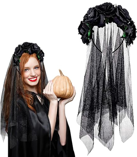 RosyFate Schleier Braut, Schwarzer Schleier Halloween, Haarreif Blumen, Schwarze Rosen, Mexikanische Blumenkrone,für Cosplay Partys Feste Karneva