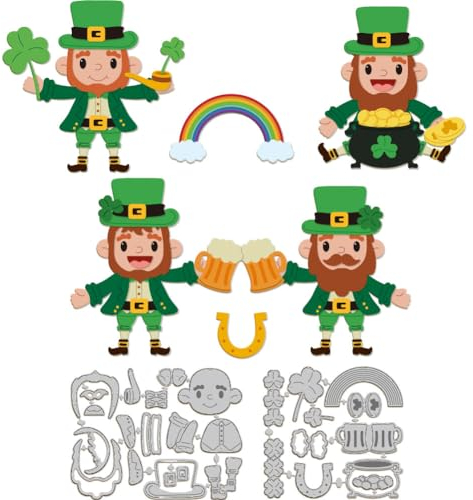 GLOBLELAND Saint. Patrick'S Day Elfen Stanzformen Für Kartenherstellung, Kleeblätter, Zwerge, Metallstanzformen, Stanzformen, Vorlage, DIY, Scrapbooking, Prägung, Papier, Album, Basteln, Dekor