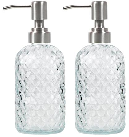 Funly mee Lot de 2 distributeurs de Savon en Verre pour Salle de Bain et Cuisine avec Pompe en Acier Inoxydable 304 antirouille Transparent