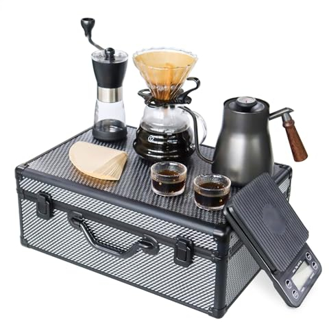 Manual Coffee Maker Set with 850ml Stainless Steel Kettle, All in One Coffee Brewing Kit, Hand grinder, Travel Case for Outdoor Camping, Office